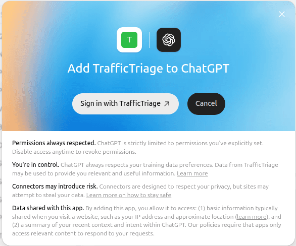 ChatGPT dialog headed Add TrafficTriage to ChatGPT, with a Sign in with TrafficTriage button beside Cancel, above four notes covering permissions, control over training data, connector risk, and what data the app receives