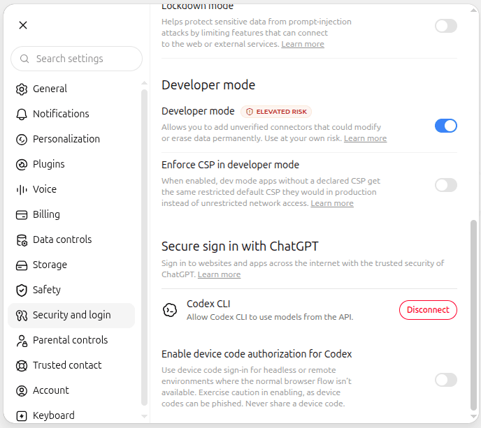 ChatGPT Settings screen, Security and login section, showing the Developer mode toggle switched on with an ELEVATED RISK badge next to the label