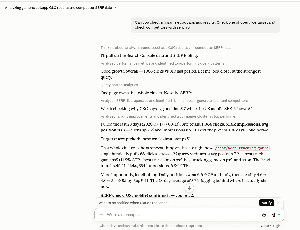 Claude answering a question about game-scout.app: it reports calling Search Console and SERP tooling, names best truck simulator ps5 as the target query, attributes a cluster of clicks to the /best/best-trucking-games page, traces that page's daily position improving over several weeks, and then confirms the live US mobile ranking with a SERP check