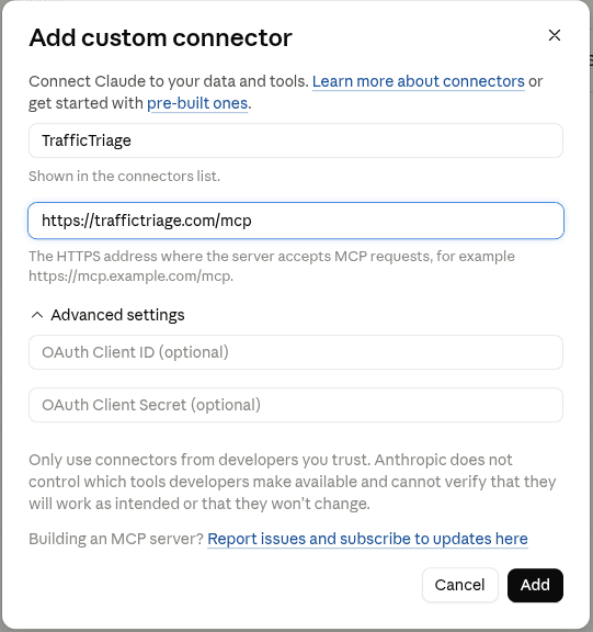 Claude's Add custom connector dialog with the name set to TrafficTriage and https://traffictriage.com/mcp in the URL field, above an expanded Advanced settings panel whose OAuth Client ID and Client Secret fields are both empty