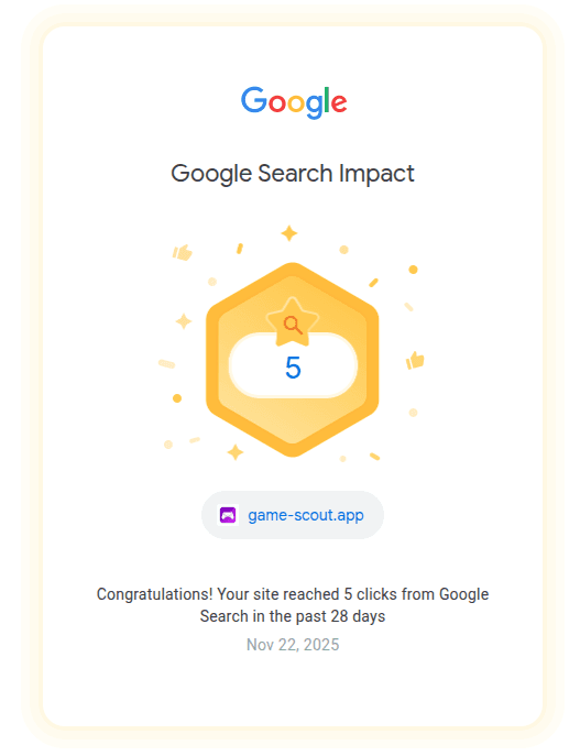 Google Search Console milestone badge: game-scout.app reached 5 clicks from Google Search in the past 28 days, dated November 22, 2025