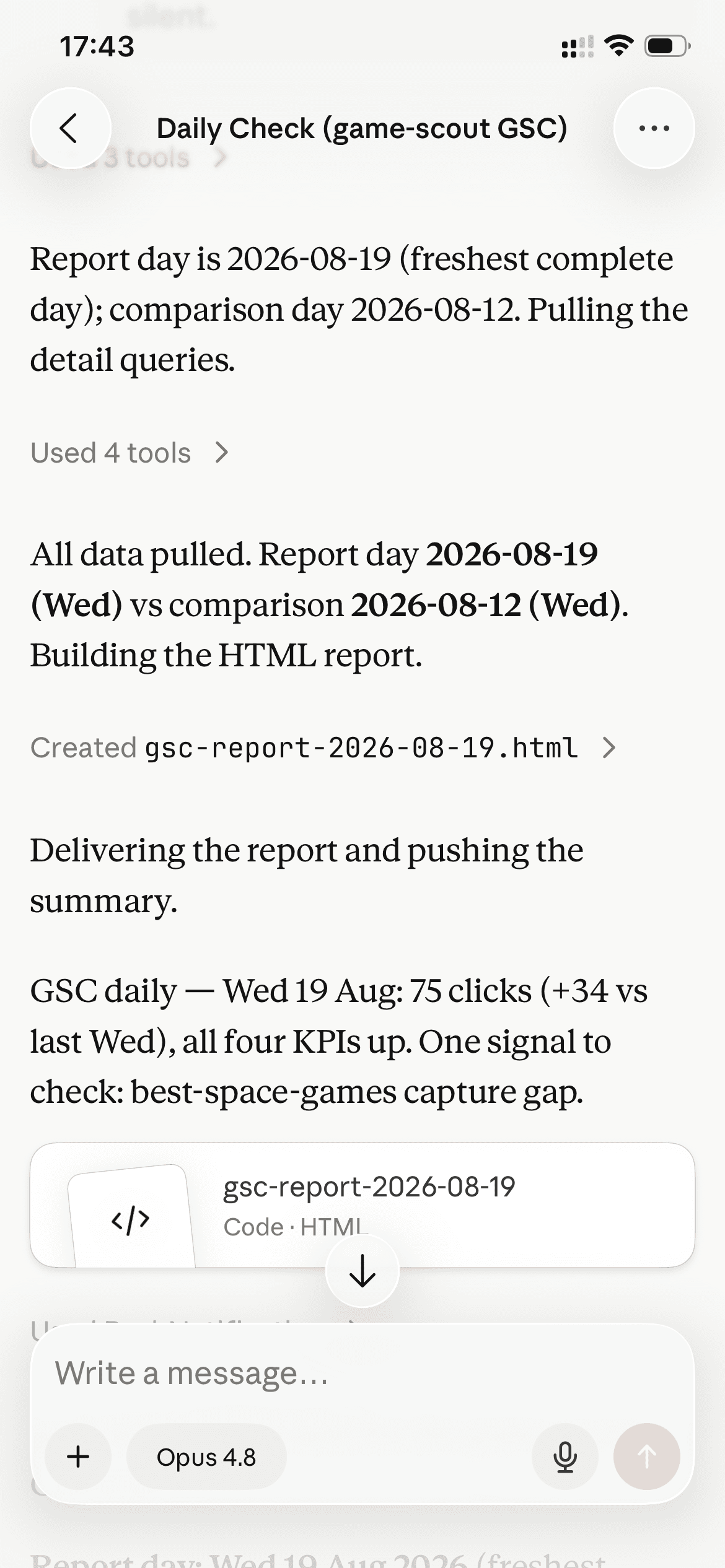 The scheduled Claude session on a phone: it names 2026-08-19 as the freshest complete day and 2026-08-12 as the comparison day, reports using four tools, creates gsc-report-2026-08-19.html, and pushes a summary reading 75 clicks, plus 34 versus last Wednesday