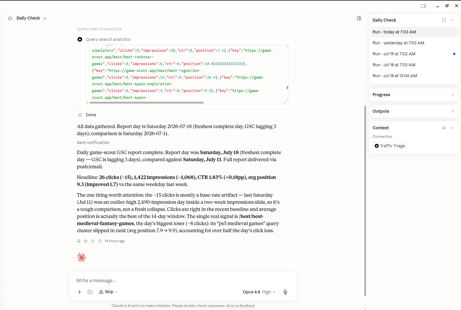 Claude running a scheduled TrafficTriage daily check: a Search Console report on a real site, summarized with clicks, impressions, and the one query cluster that lost rank
